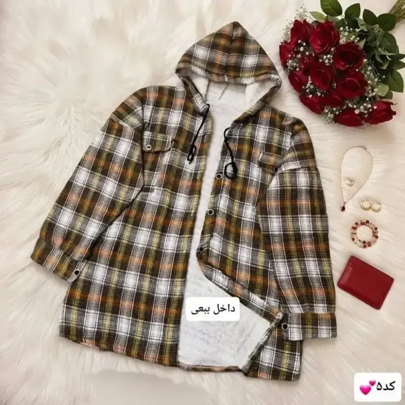 شکت چهارخونه پشمی کلاهدار داخل ببعی فری سایز - تصویر 4