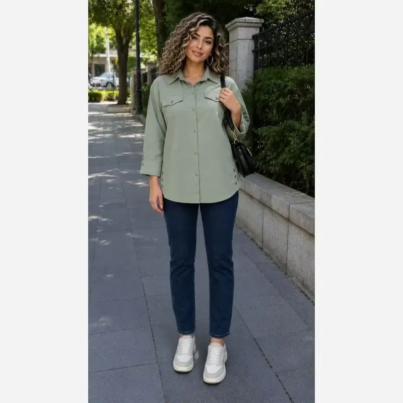 مانتو کتان بغل دکمه ژینا کتان کش اعلا فری سایز - تصویر 4