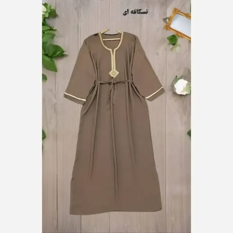 پیراهن بلند طلاکوب نخی وارداتی نسکافه ای فری سایز - تصویر 2