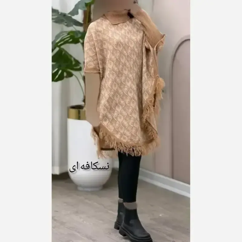 پانچ بافت طرح برگی پالتو آستین کشبافت فری سایز - تصویر 2