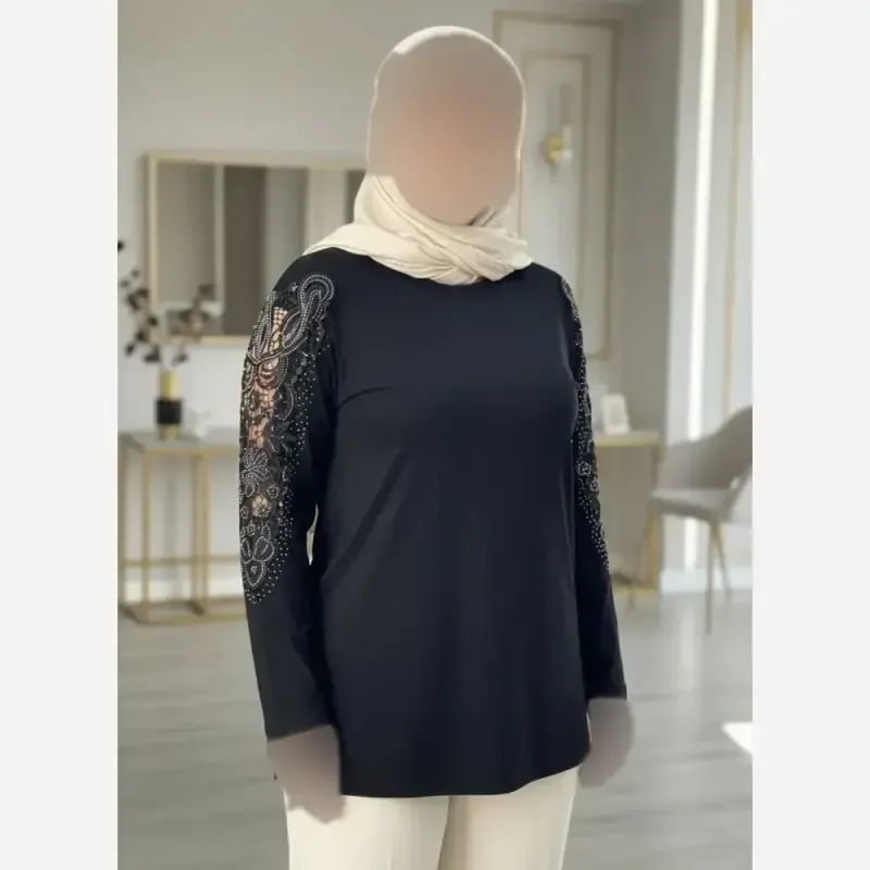 شومیز مجلسی گیپوردار نگین دار مدل سوگل جنس ویسکوز تیپ لاکرا فری سایز - تصویر 15