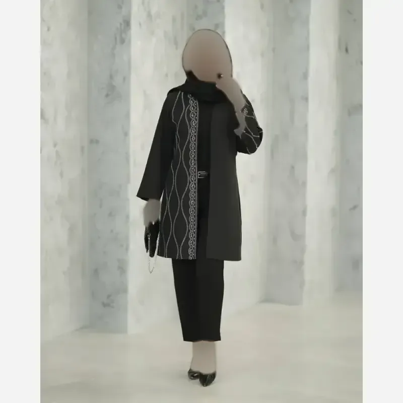 کت مانتویی زنانه مدل مهدیس پارچه سوپر مازراتی رنگ مشکی قد 90 سایز بزرگ - تصویر 2
