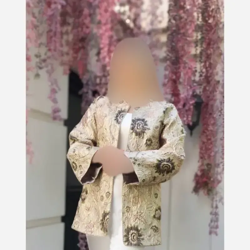 کت مجلسی زنانه مدل الیکا ژاکارد ترک طرح برجسته کرم طلایی - تصویر 8
