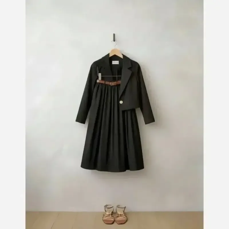 ست سه تیکه کت و دامن لنین درجه یک فری سایز به همراه کمربند چرمی - تصویر 2