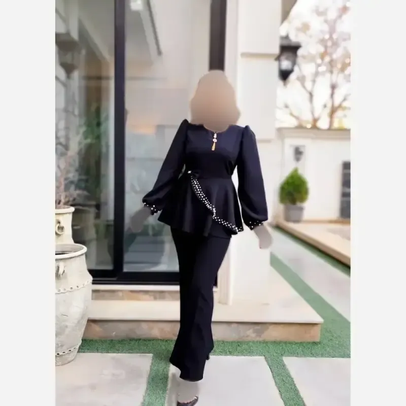 ست چهارتکه زنانه شومیز و شلوار کرپ مازراتی طرح ناز با تل و گردنبند - تصویر 17