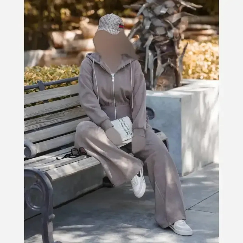 ست پاییزی زنانه ضخیم و گرم هودی کلاهدار و شلوار جاگر یا بگ فریسایز فوتر اویشو دورو - تصویر 13