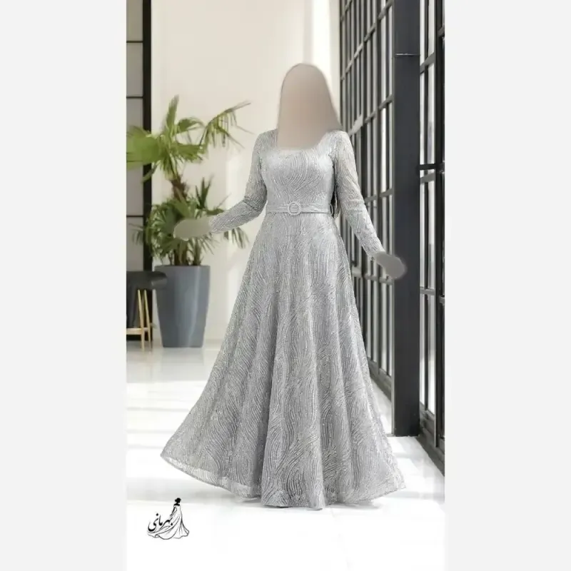 پیراهن ماکسی زنانه سایز بزرگ شاین برجسته کمربنددار قد 150 - تصویر 5