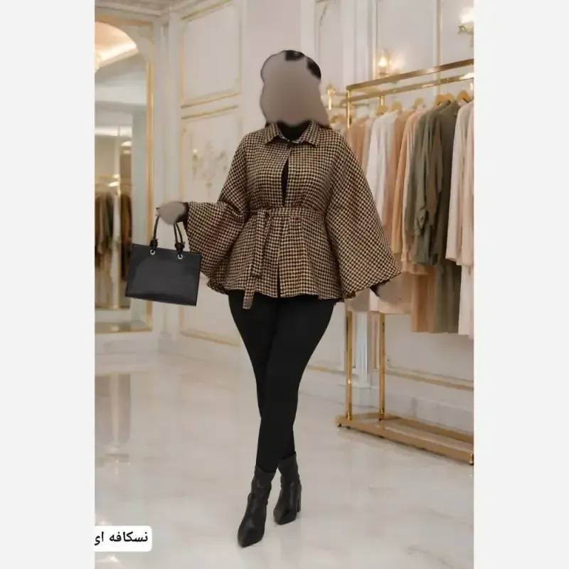 پانچ زنانه پیچازی دارای کمربند سایز آزاد رنگ مشکی نسکافه ای کرمی - تصویر 2