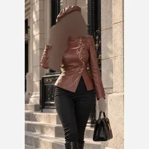 کت چرم مسکو زنانه طرح کالیگرافی دست ساز آسترکشی کامل سایز 38 تا 48 - تصویر 2