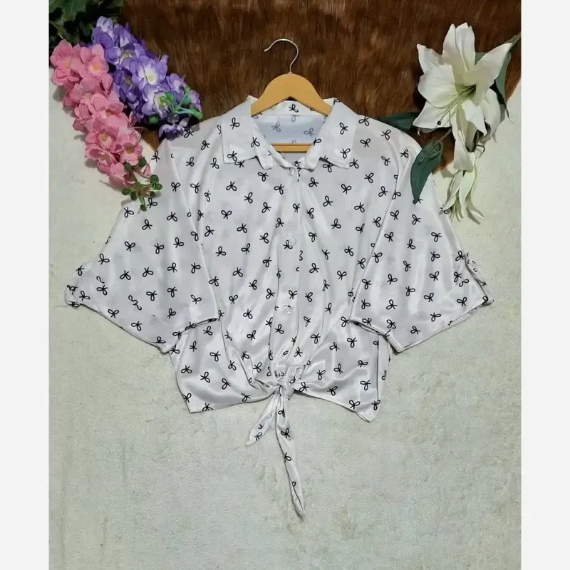 شومیز گره ای چاپی پاپیونی جنس پری صابونی شیشه ای فری سایز - تصویر 7