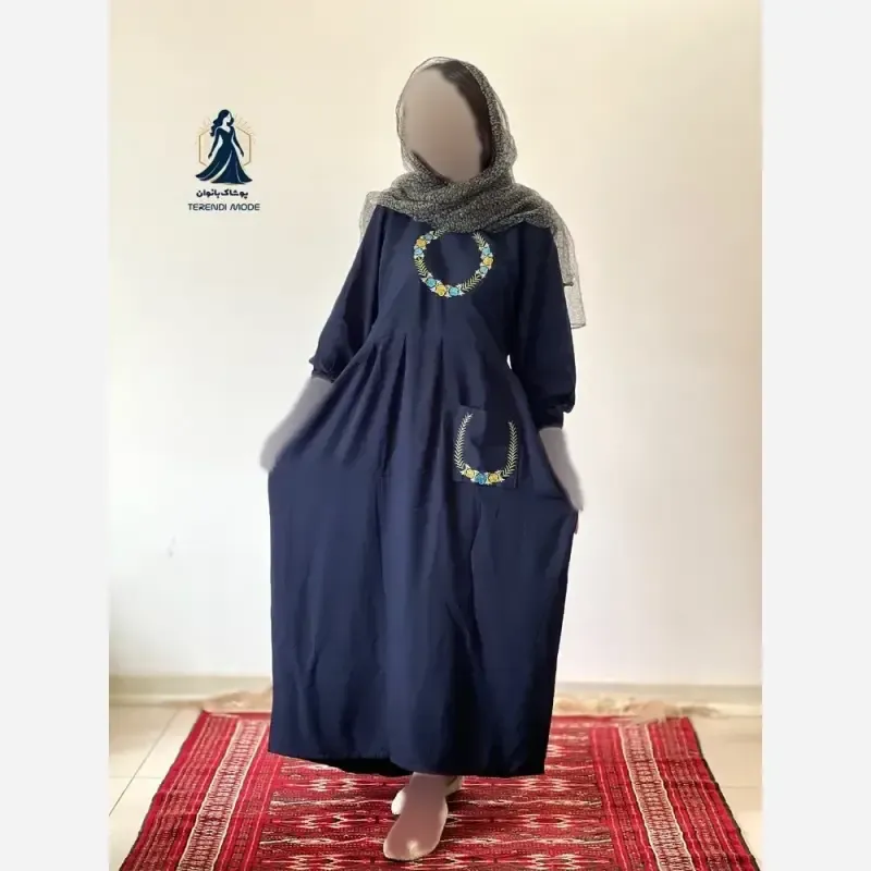 ساحلی گلدوزی تک جیب جنس نخ ململ رنگ زیتون قد 136 - تصویر 2