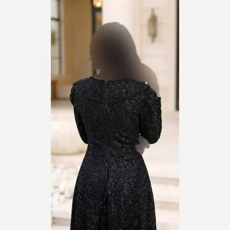 پیراهن مجلسی زنانه مدل سایه جنس دانتل چمنی سنگدوزی شده کاپدار رنگ مشکی سایزبندی بزرگ - تصویر 3