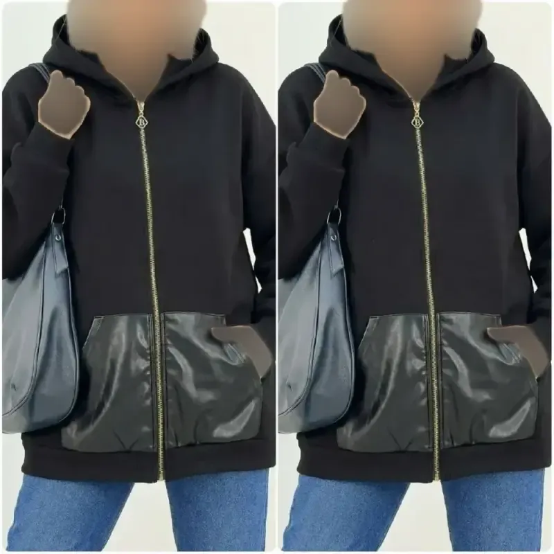 سوییشرت دورس توکرکی جیب چرم مشکی فری سایز مناسب بانوان و آقایان - تصویر 5