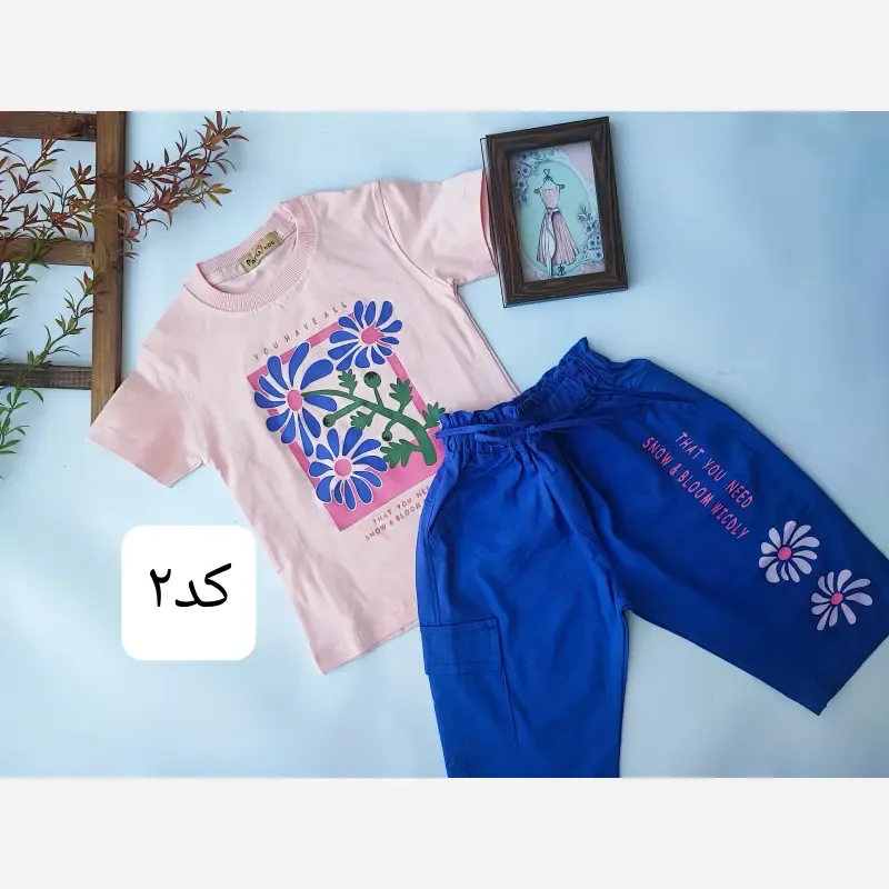 ست تیشرت و شلوارک دخترانه طرح گل دار باکیفیت و راحت - تصویر 3