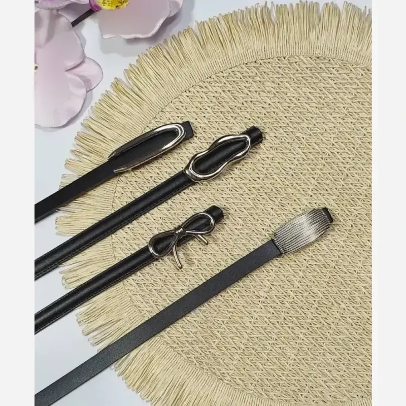 کمربند زنانه مینیمال مشکی با یراق نقره ای طول 105 تا 110 سانت عرض 1.5 سانت - تصویر 3