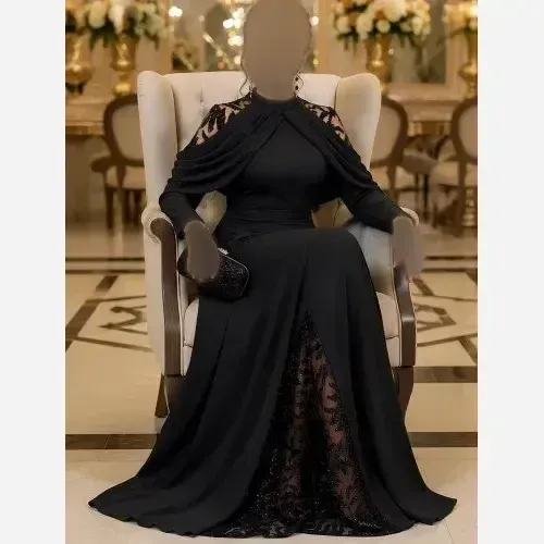 پیراهن مجلسی زنانه جنس کرپ غواصی و خرجکار پولکی ترک رنگ مشکی سایز بزرگ