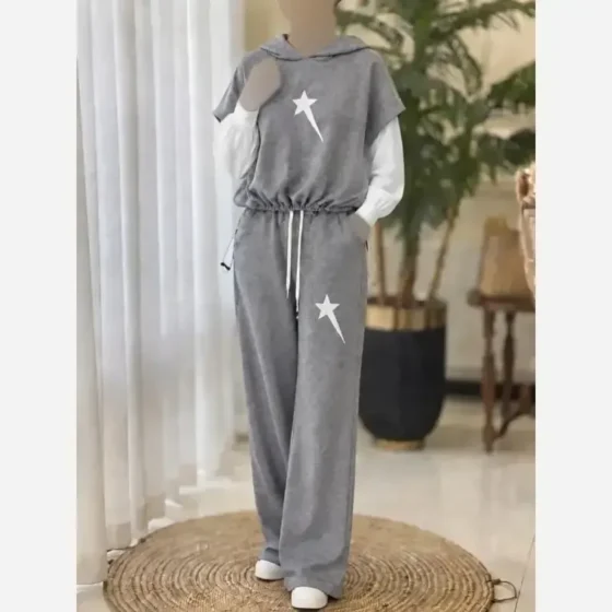 ست وست و شلوار ملانژ چهارفصل طرح ستاره ای فری سایز تا 44 طوسی روشن و تیره
