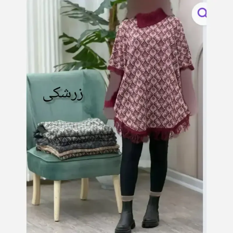 پانچ بافت طرح برگی پالتو آستین کشبافت فری سایز - تصویر 3