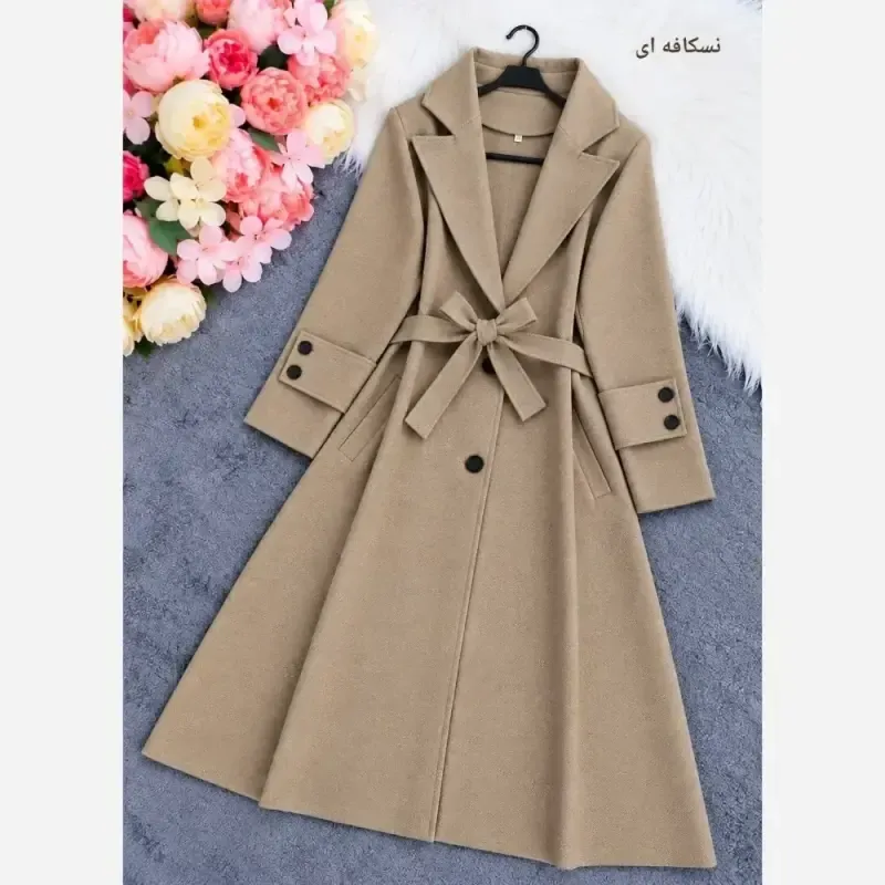 پالتو توییت پشمی موهر دار کمربند دار بلند گرم پاییزه و زمستانه - تصویر 12