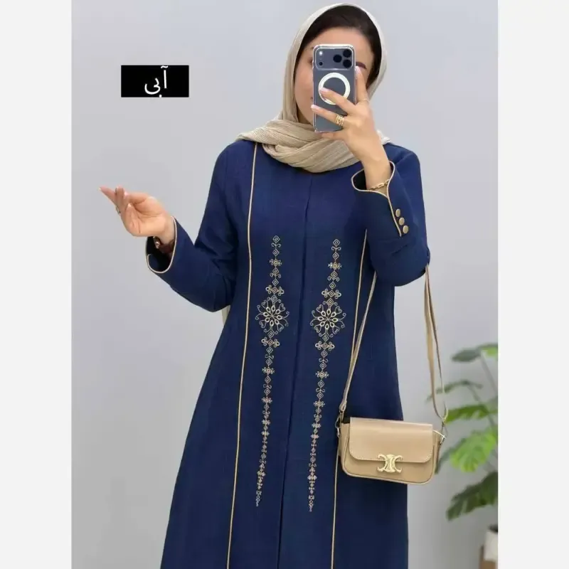 مانتو مزونی شانتون صوفیا جودن یقه هفت ایستاده سایز بزرگ رنگ آبی و مشکی - تصویر 2