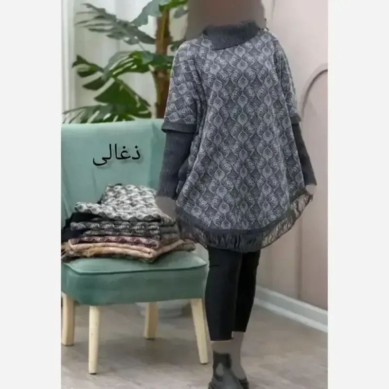پانچ بافت طرح برگی پالتو آستین کشبافت فری سایز - تصویر 7