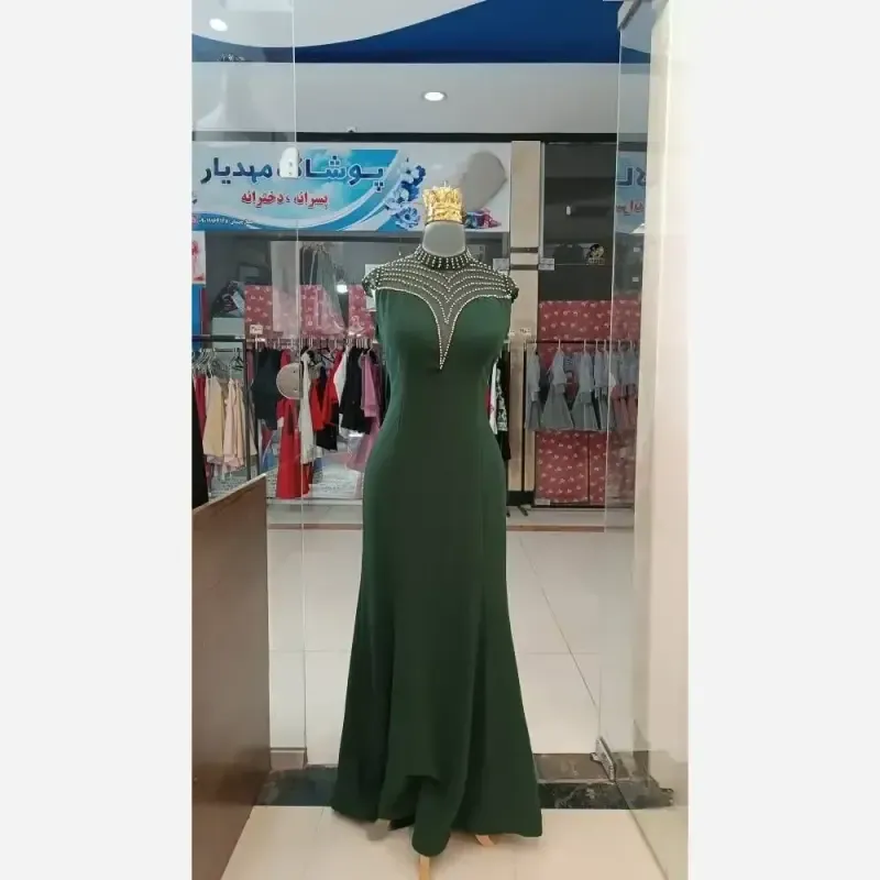 پیراهن زنانه مدل مروارید جنس کرپ دالقیچ قد 150 همراه کمربند - تصویر 7