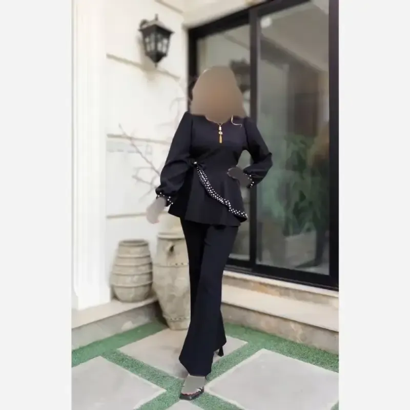 ست چهارتکه زنانه شومیز و شلوار کرپ مازراتی طرح ناز با تل و گردنبند - تصویر 20