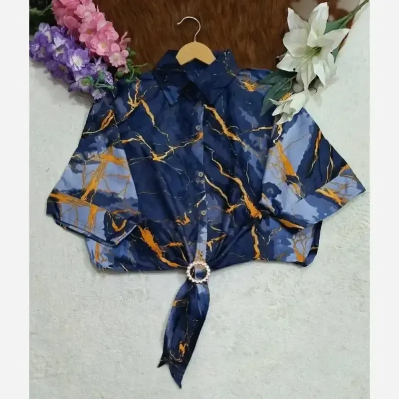 شومیز گره ای طرح مرمر نخی سرمه ای فری سایز - تصویر 2