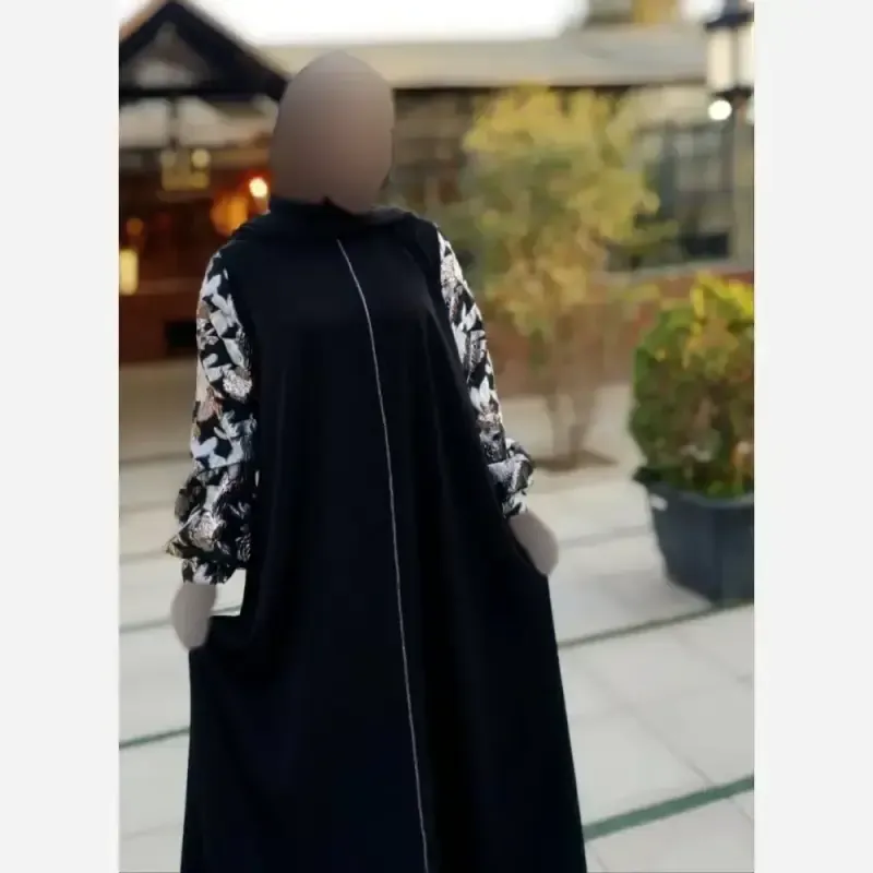 مانتو عبایی مشکی طرح مهلا جنس کرپ الیزه نخ توییست آستین آستر دار سایز بزرگ - تصویر 4