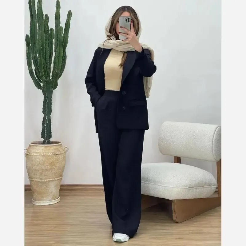 ست کت و شلوار زنانه جنس بابوس رنگ مشکی کرم استخونی سایز 38 تا 46 - تصویر 12