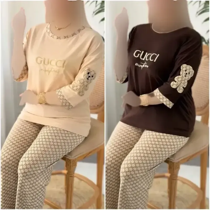 ست تیشرت و شلوار لویی جنس پنبه گلکسی رنگ شکلاتی و کرم نسکافه ای سایز فری 38 تا 46 - تصویر 7