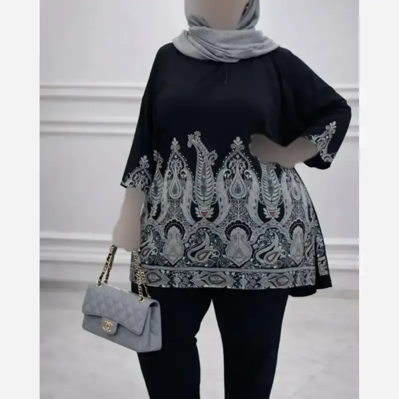 تونیک زنانه مشکی سایزبزرگ اندونزی طرح سنتی فرم آزاد - تصویر 3