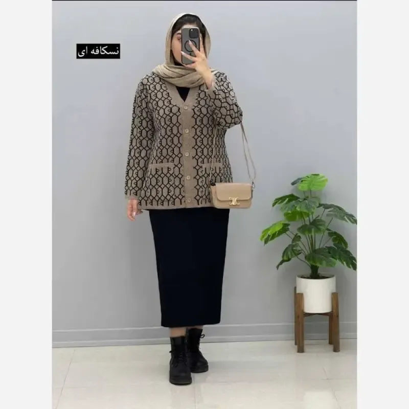ژاکت بافت مخملی یقه هفت فری سایز جیب دار زنانه - تصویر 4