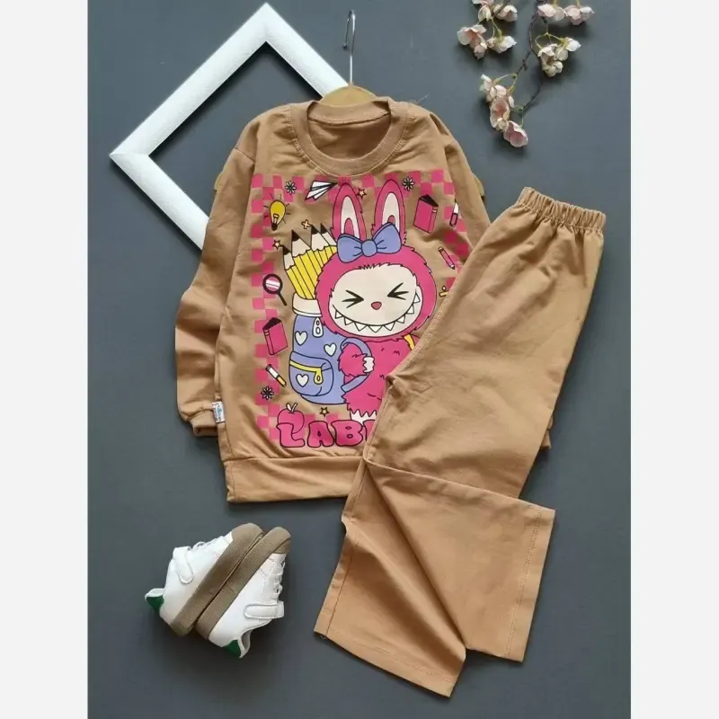 ست لباس بچگانه لبوبو مدادی پنبه دورس طرح شلوار بگ سایز 40 تا 55 مناسب 2 تا 8 سال - تصویر 4