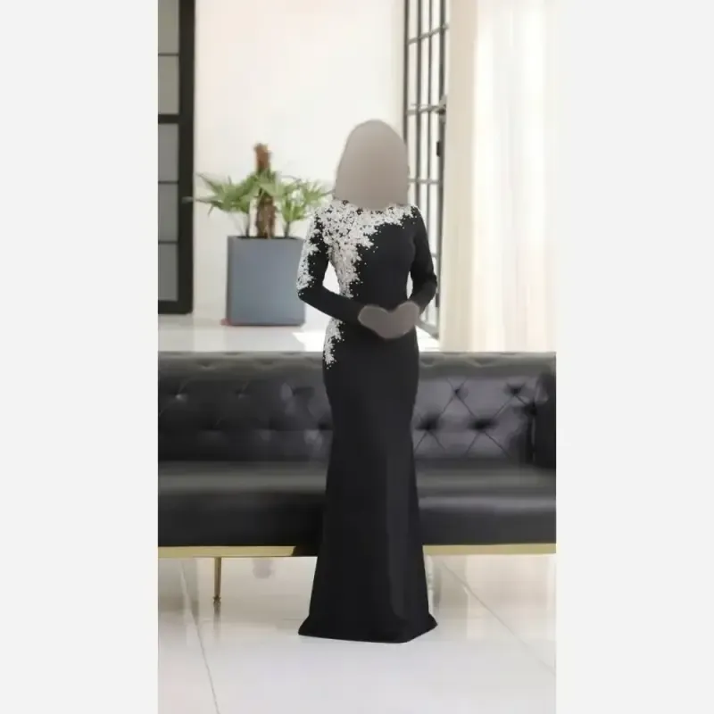 پیراهن مجلسی زنانه بلند کرپ دالقیچ کاپدار مشکی سایز بزرگ - تصویر 3