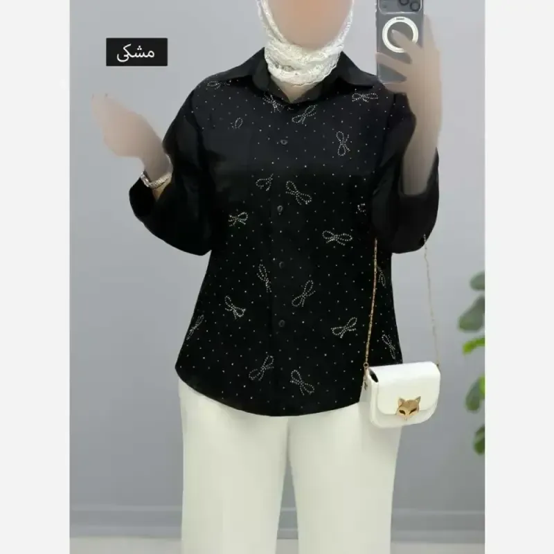 شومیز مانتویی زنانه و دخترانه شانتون نگین کاری شده مشکی فری سایز - تصویر 3