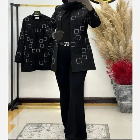 ست کت شلوار مجلسی زنانه مدل خوشه جنس مازراتی رنگ مشکی