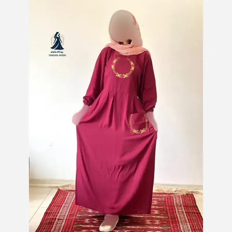 ساحلی گلدوزی تک جیب جنس نخ ململ رنگ زیتون قد 136 - تصویر 3