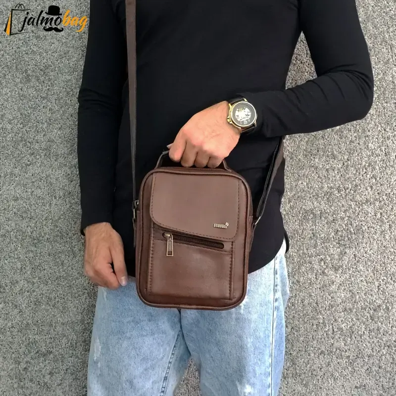 کیف دوشی چرمی اسپرت بزرگ چرم صنعتی مشکی خردلی قهوهای تیره - تصویر 3