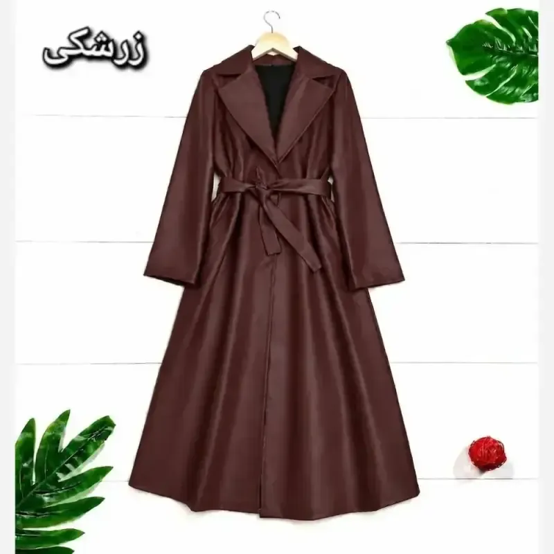 مانتو چرم دلاریس ضخیم بلند کمربنددار سایز 38 تا 46 - تصویر 3