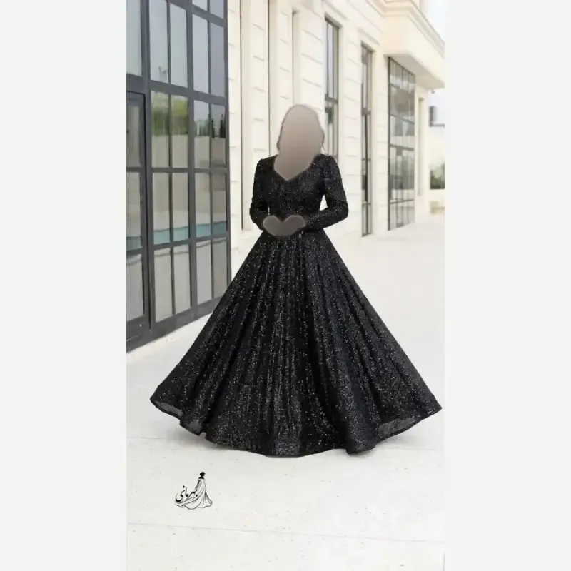 پیراهن بلند مجلسی زنانه دانتل چمنی مشکی کاپدار سنگدوزی شده سایز بزرگ - تصویر 2