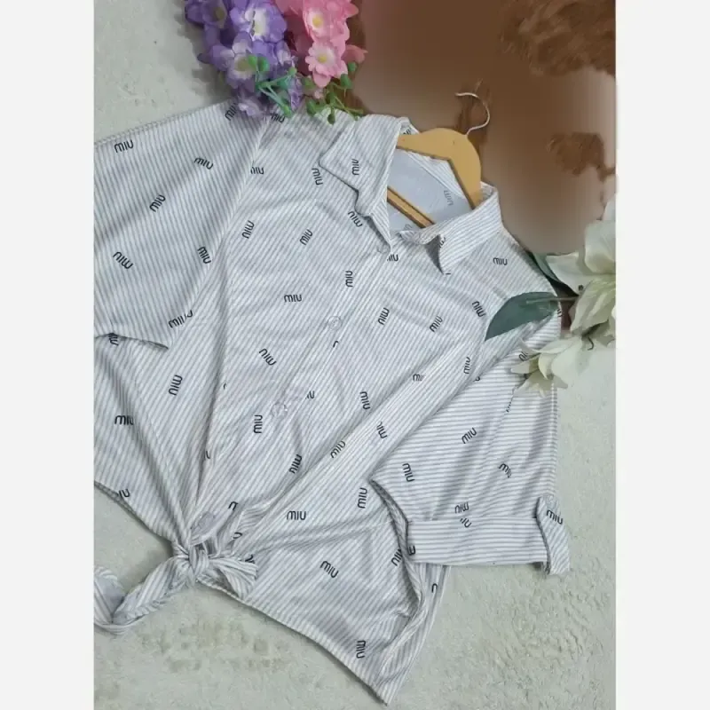 شومیز گره ای راه راه miu میو جنس پری صابونی کریستالی سایز فری سایه 38 تا 48 - تصویر 7