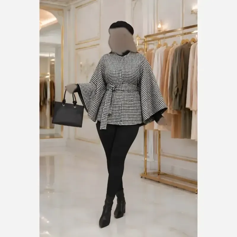 پانچ زنانه پیچازی دارای کمربند سایز آزاد رنگ مشکی نسکافه ای کرمی - تصویر 4