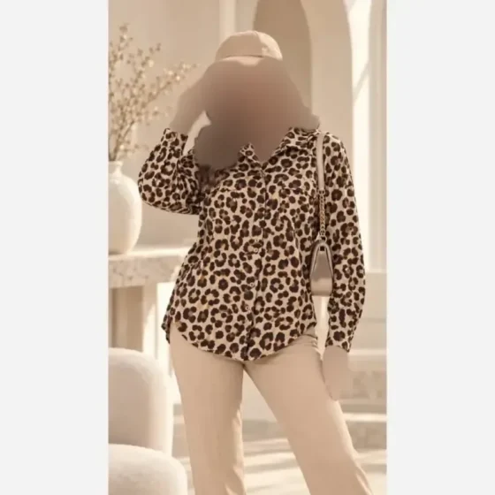 شومیز پلنگی مخمل پاییزه فری سایز جیب دار