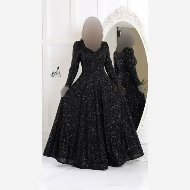 پیراهن بلند مجلسی زنانه دانتل چمنی مشکی کاپدار سنگدوزی شده سایز بزرگ - تصویر 4