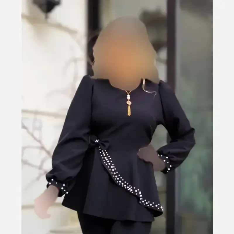 ست چهارتکه زنانه شومیز و شلوار کرپ مازراتی طرح ناز با تل و گردنبند - تصویر 19