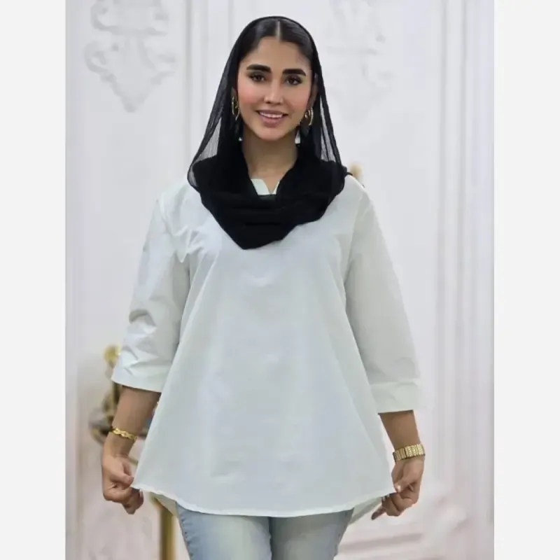 شومیز نخی ساده و دیپلمات یقه کوبایی فری سایز زنانه - تصویر 2