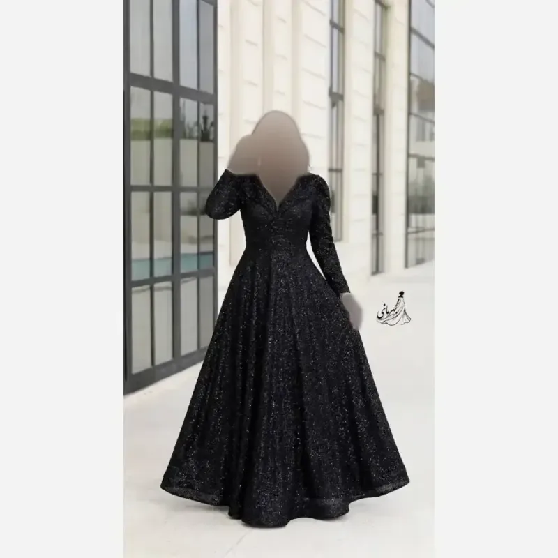 پیراهن مجلسی زنانه مدل سایه جنس دانتل چمنی سنگدوزی شده کاپدار رنگ مشکی سایزبندی بزرگ - تصویر 6