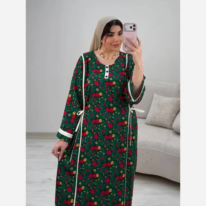 پیراهن ساحلی نخی خنک فری سایز تا 50 رنگ سورمهای و سبز - تصویر 3