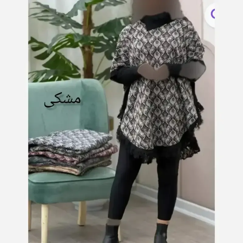 پانچ بافت طرح برگی پالتو آستین کشبافت فری سایز - تصویر 4
